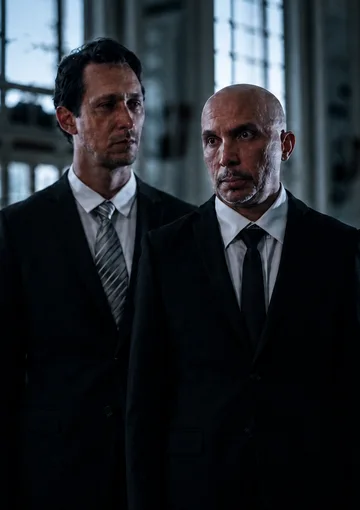 Dois homens de terno em um corredor de arquitetura clássica, iluminado pela luz das janelas.