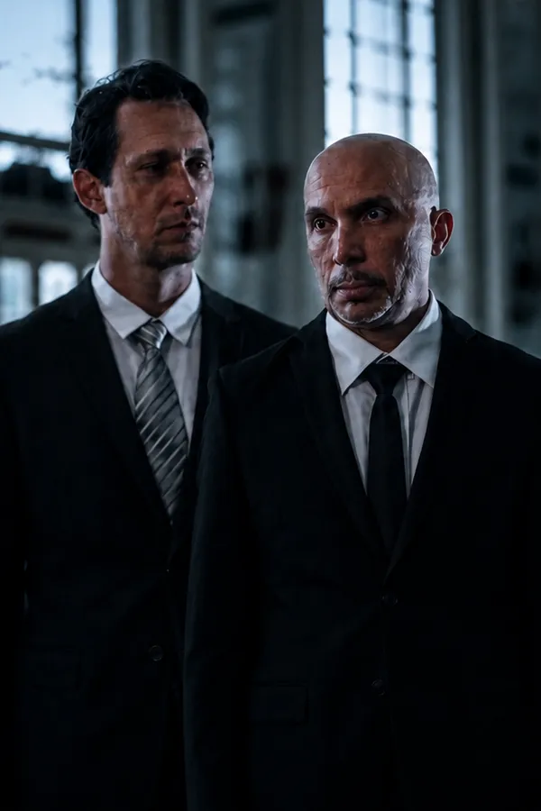 Dois homens de terno em um corredor de arquitetura clássica, iluminado pela luz das janelas.