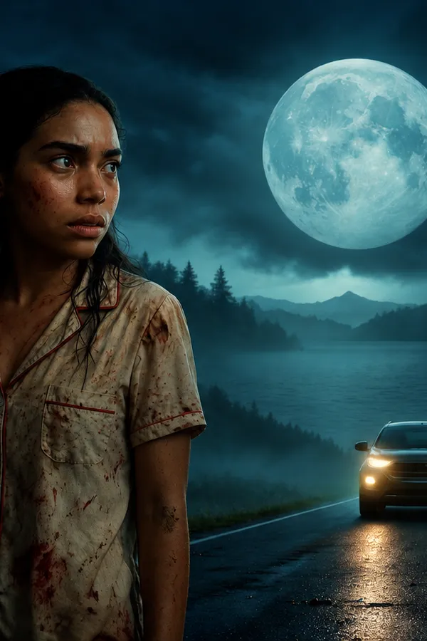 Uma jovem de cabelos escuros diante de uma estrada noturna, com um carro de faróis acesos e uma lua cheia.