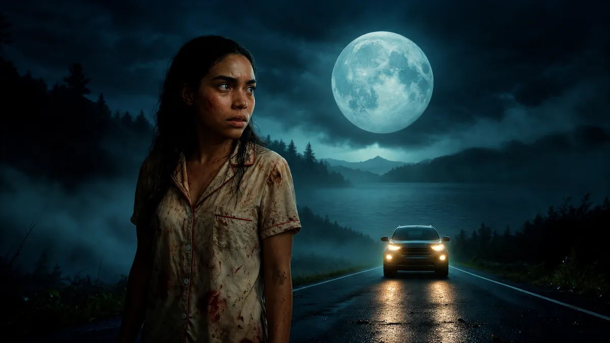 Uma jovem de cabelos escuros diante de uma estrada noturna, com um carro de faróis acesos e uma lua cheia.