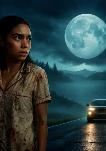 Uma jovem de cabelos escuros diante de uma estrada noturna, com um carro de faróis acesos e uma lua cheia.